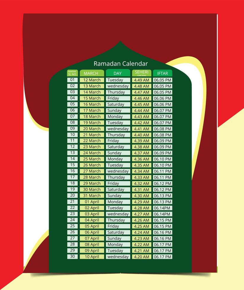 Ramadan Kareem Timing Calendar Imsakia Ramadan schedule for Prayer times in Ramadan Planner vector