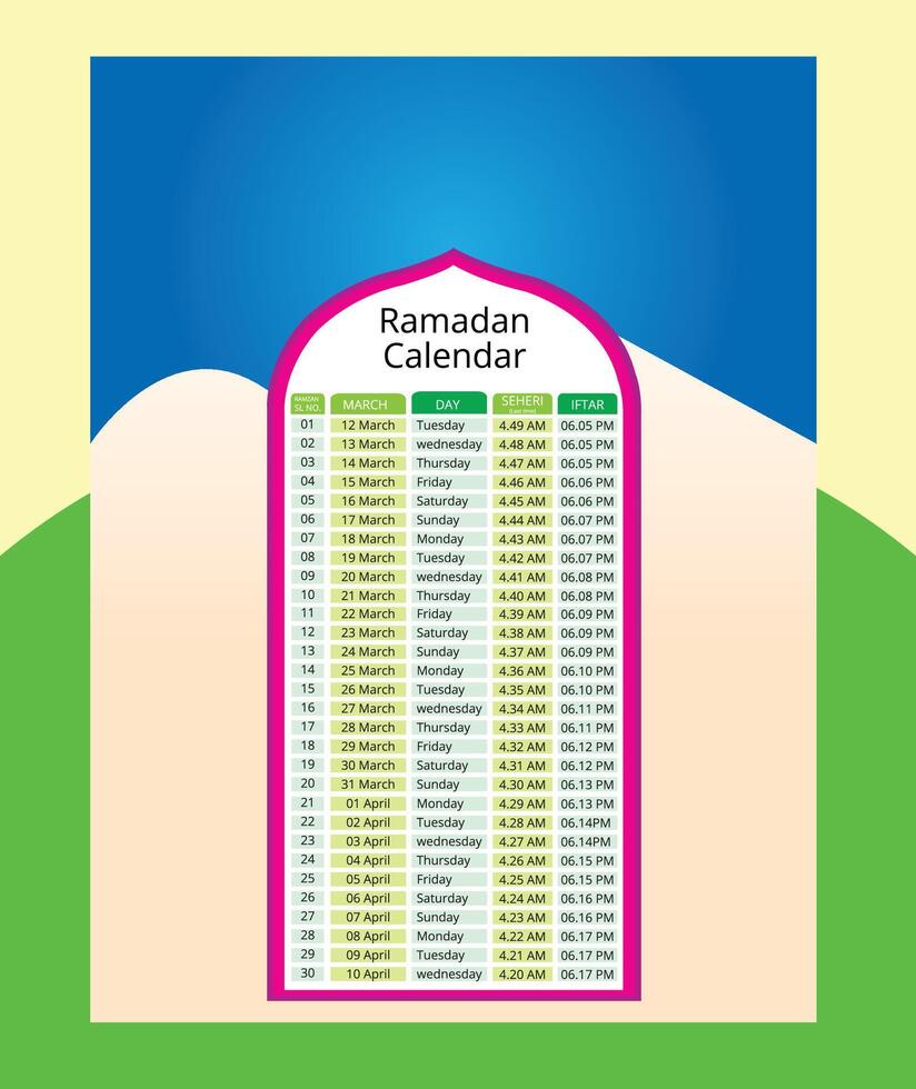 Ramadan Kareem Timing Calendar Imsakia Ramadan schedule for Prayer times in Ramadan Planner vector