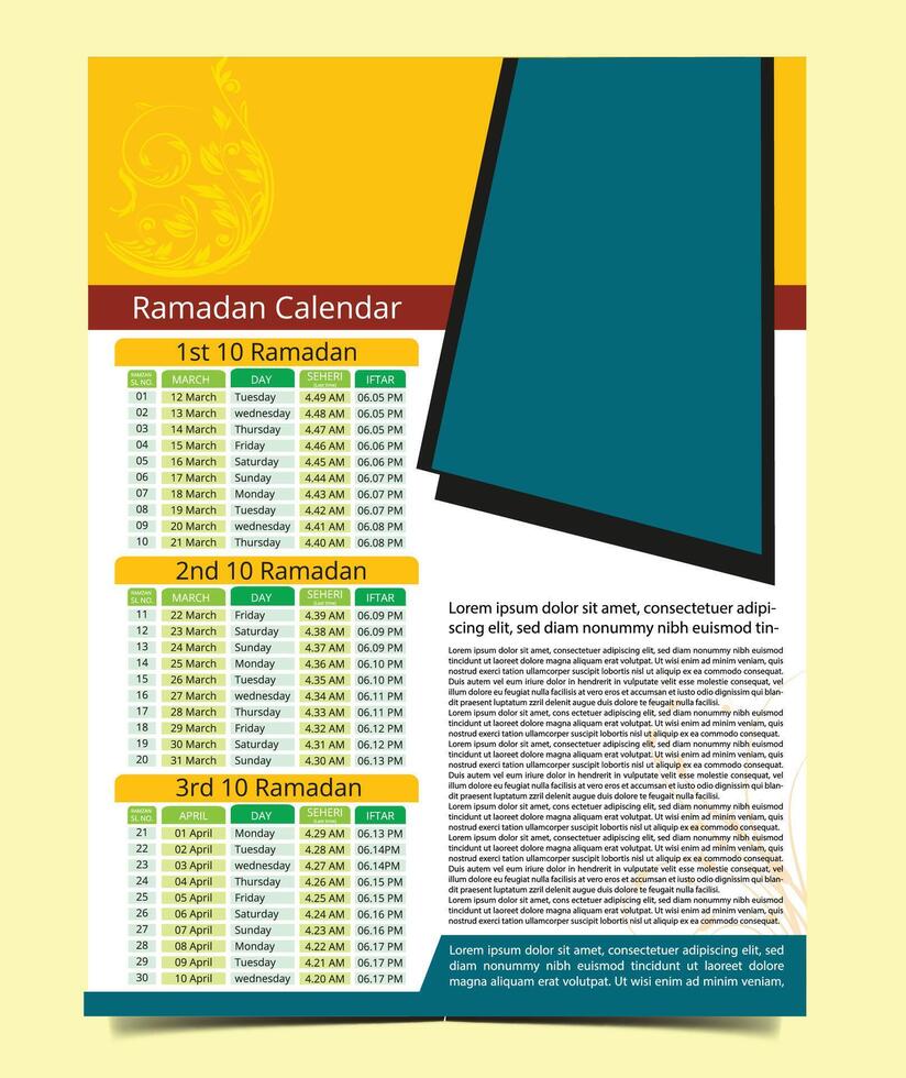 Ramadan Kareem Timing Calendar Imsakia Ramadan schedule for Prayer times in Ramadan Planner vector