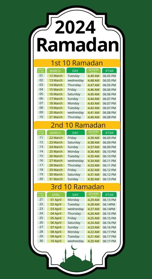 Ramadan Kareem Timing Calendar Imsakia Ramadan schedule for Prayer times in Ramadan Planner vector