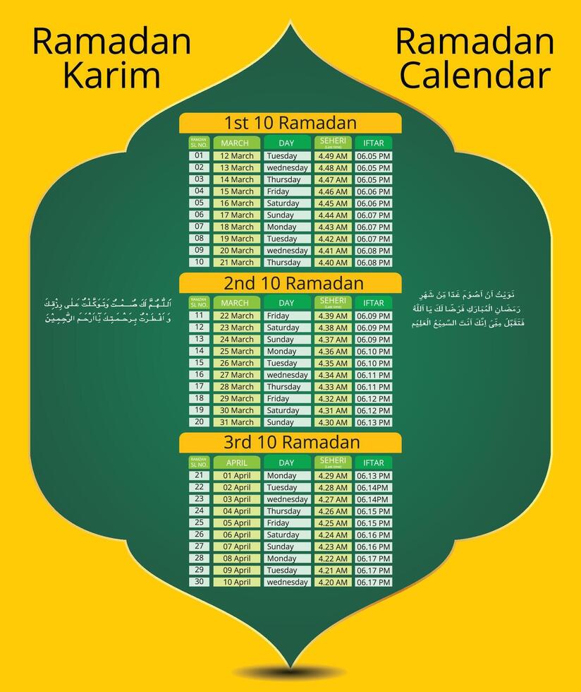 Ramadan Kareem Timing Calendar Imsakia Ramadan schedule for Prayer times in Ramadan Planner vector