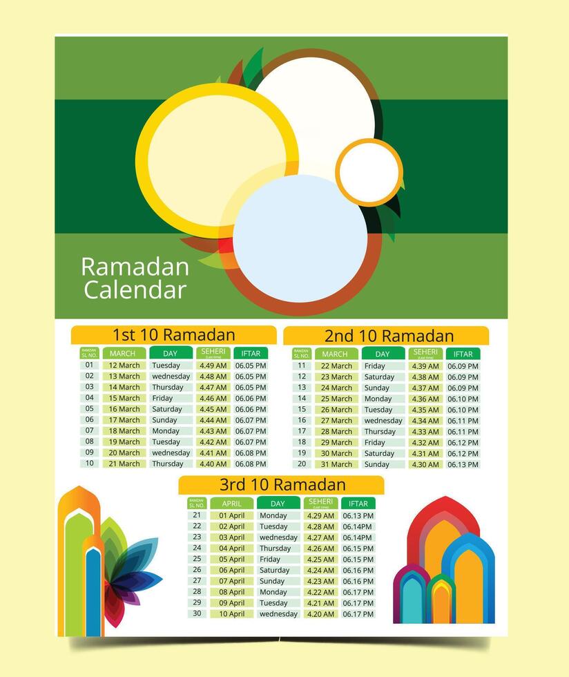 Ramadan Kareem Timing Calendar Imsakia Ramadan schedule for Prayer times in Ramadan Planner vector