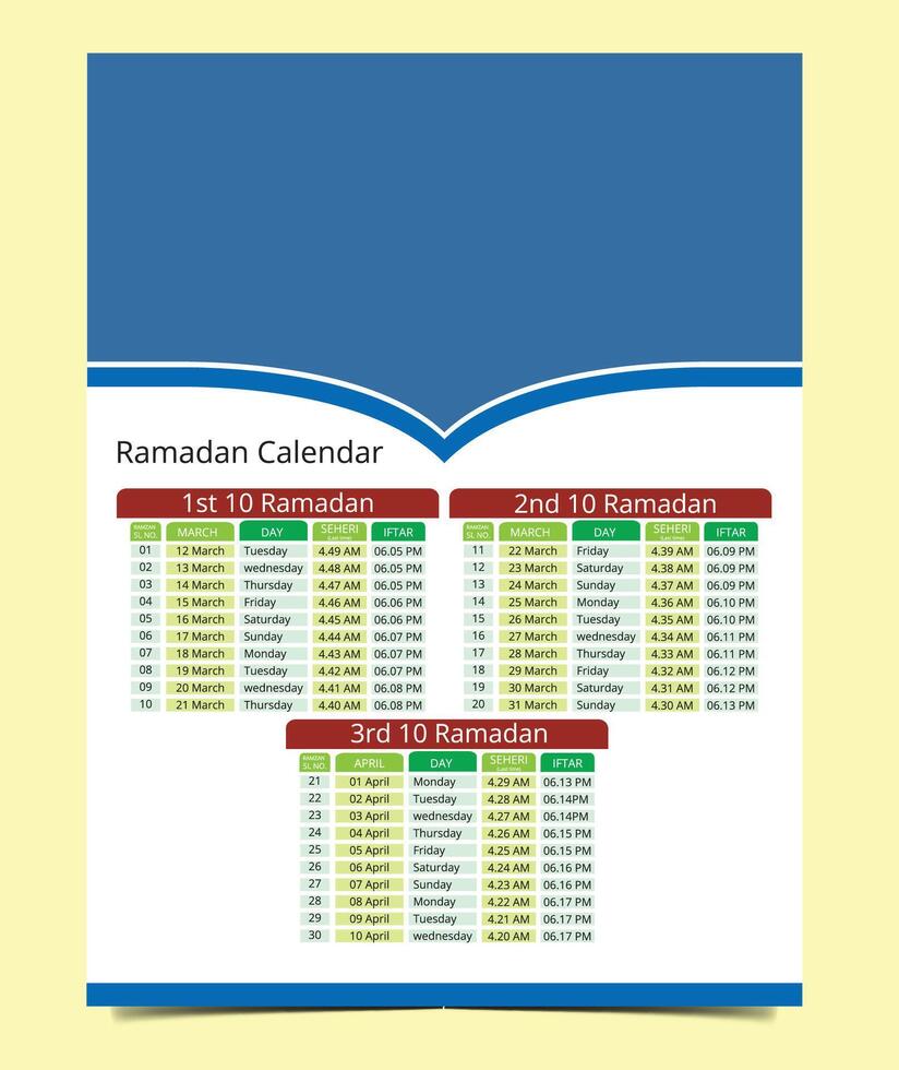 Ramadán kareem sincronización calendario imsakia Ramadán calendario para oración veces en Ramadán planificador vector