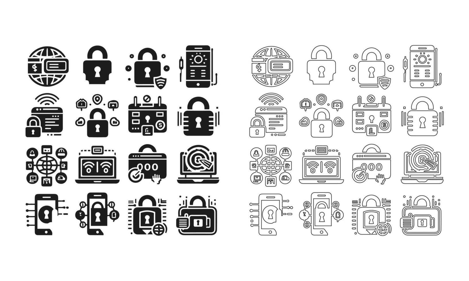 Lock icon set in fill and outline style vector