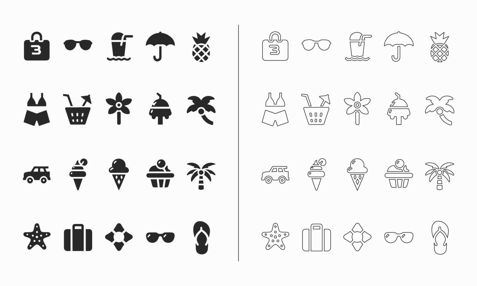 Summer icon set in fill and outline style vector