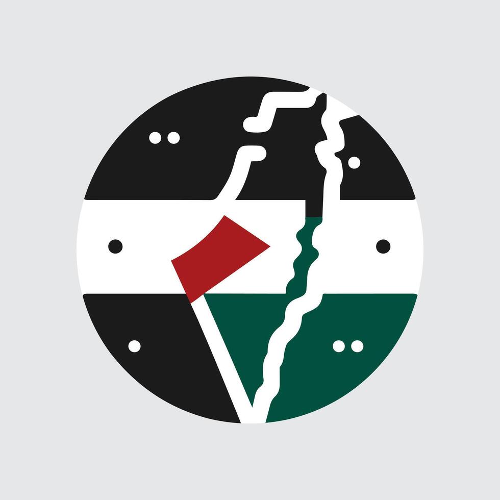 Palestine map in black and green circular logo with a red flag vector