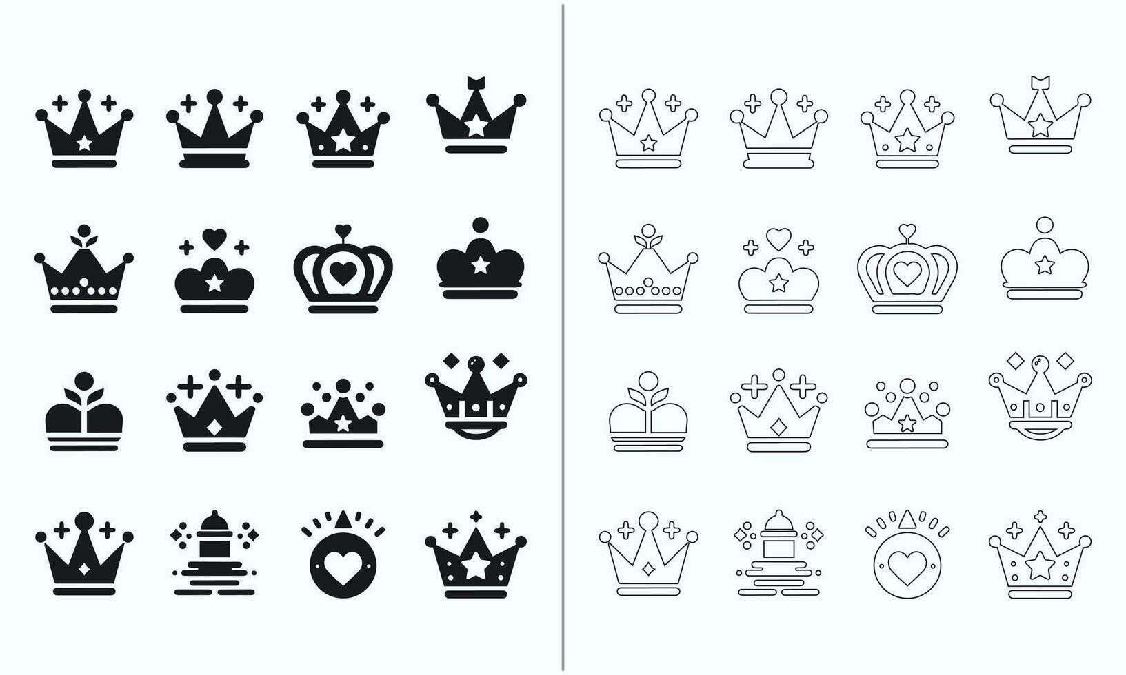 A collection of crown icons representing kings and queens, available in both solid and outlined styles vector