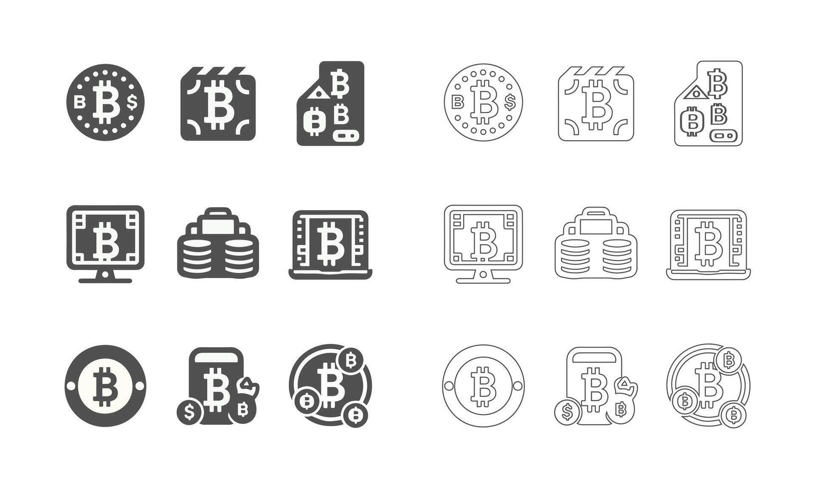 Cryptocurrency bitcoin  solid and outline icon set vector