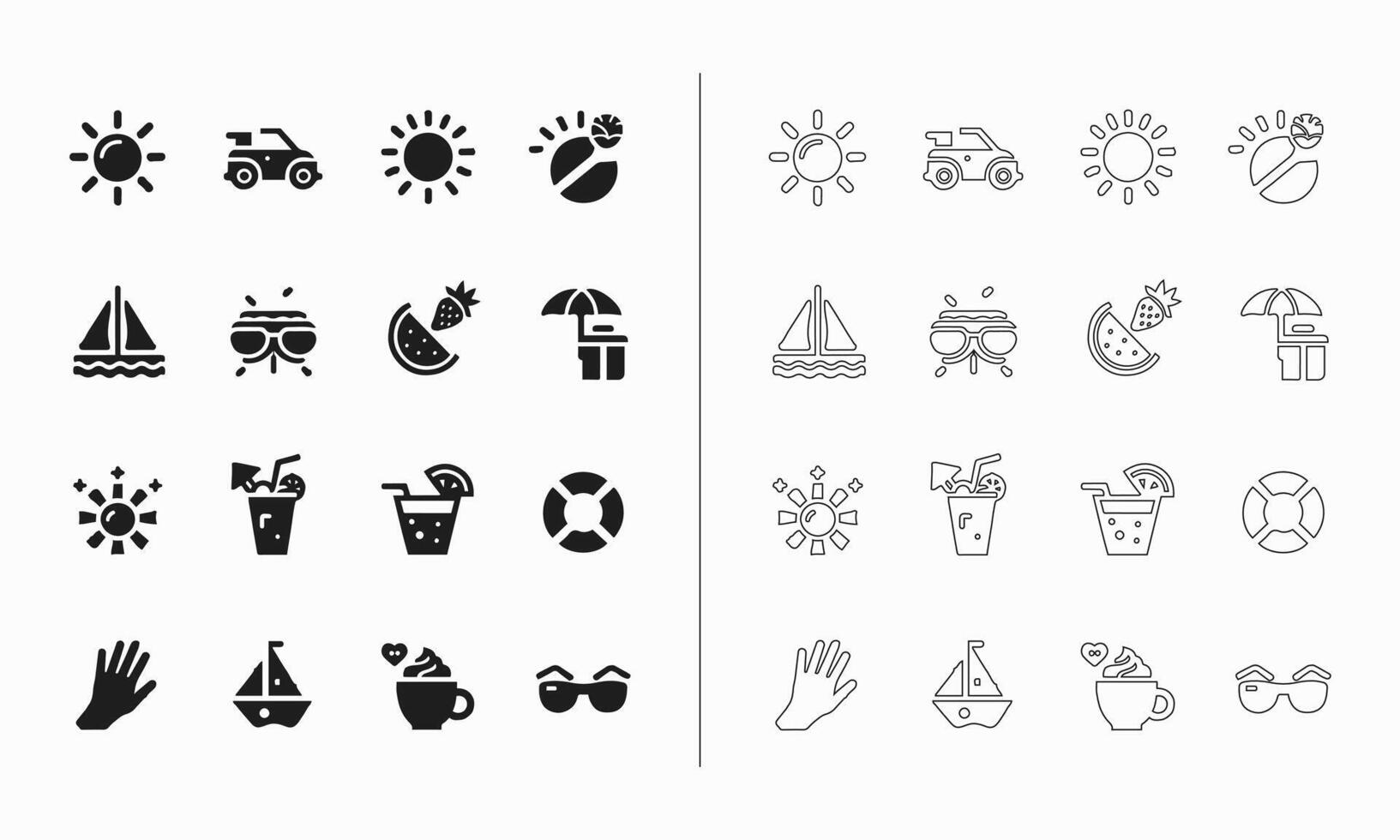 Summer icon set in fill and outline style vector