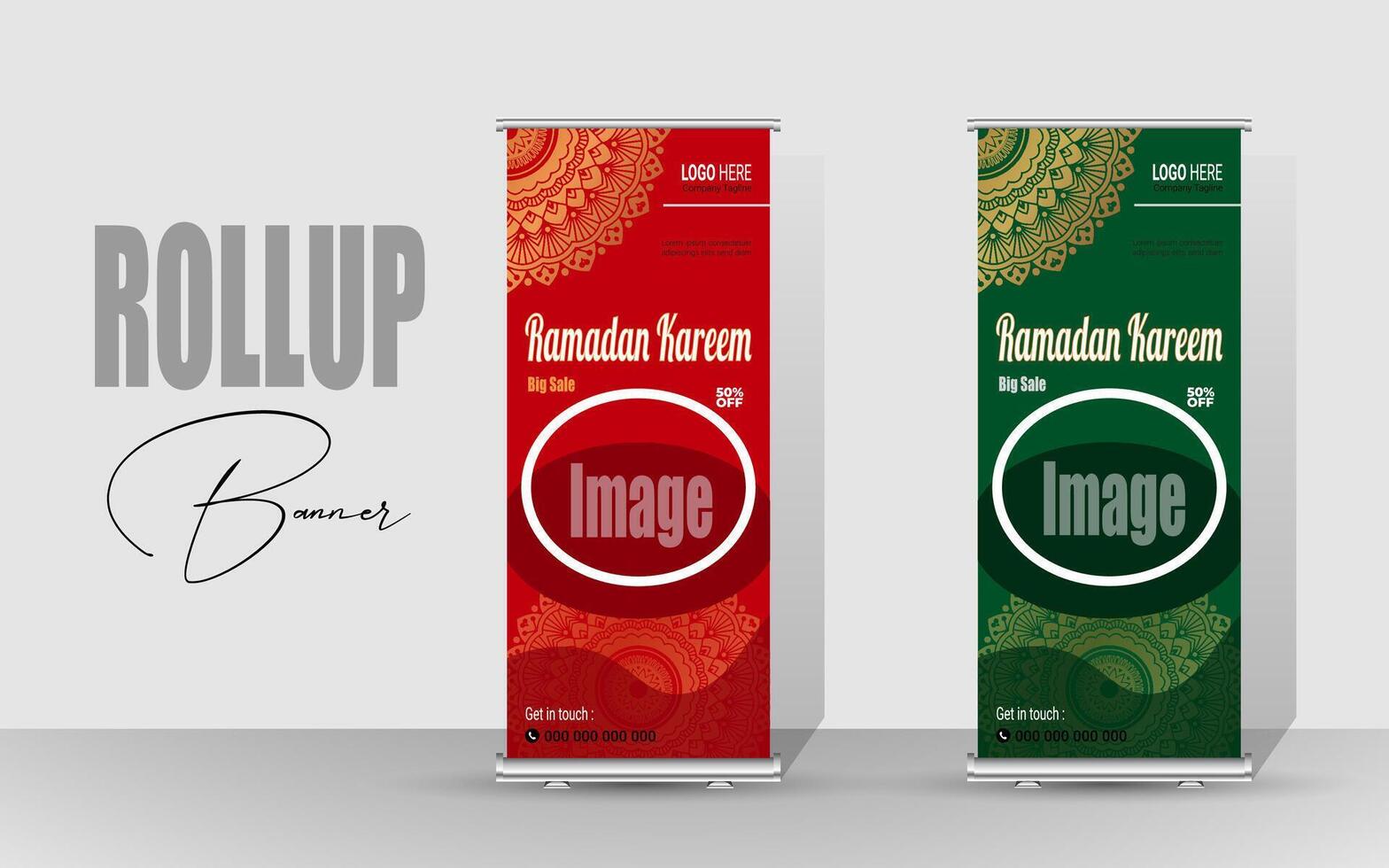 Roll up banner with a happy Ramadan design. unique meal banner for Ramadan. Rollup template for food menus. vector