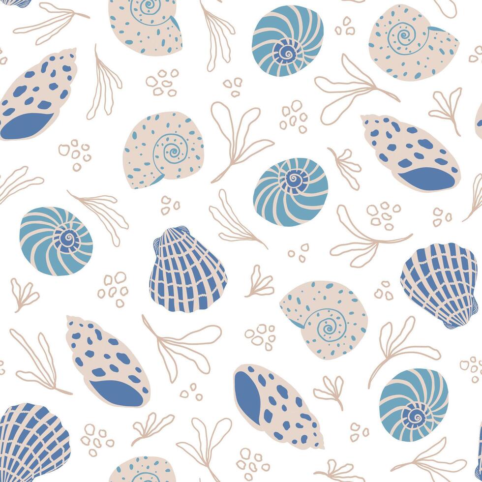 conchas sin costura modelo. verano, playa, mar vida, océano, viajar, vacaciones elegante repetir antecedentes. tela, papel diseño. vector