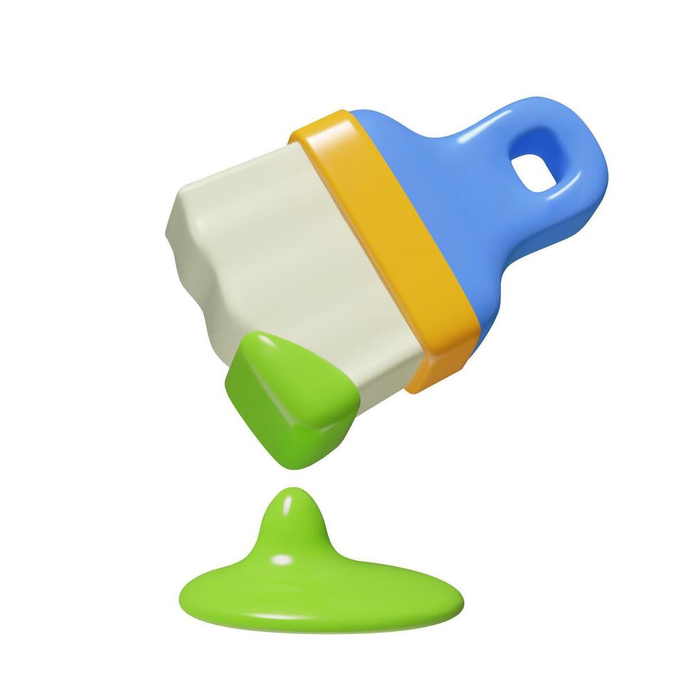 3D realistic paintbrush icon with green paint three dimensional plastic vector illustration