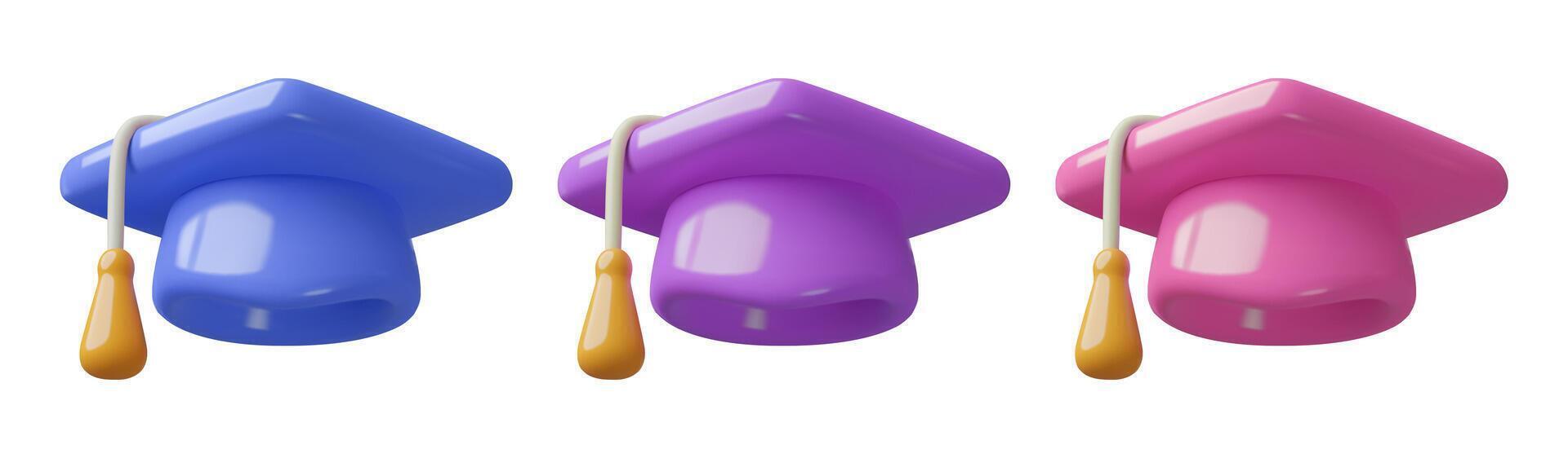 Graduation caps 3d realistic vector illustration Purple blue pink student hat three dimensional icon