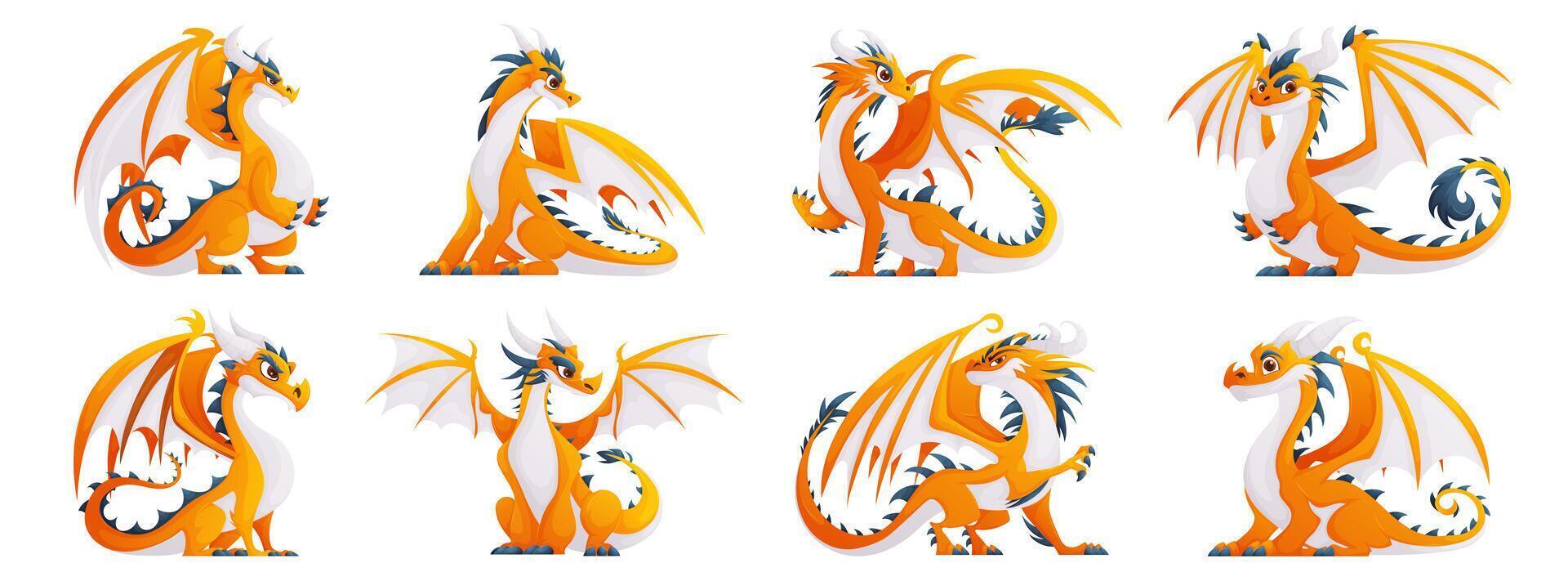 Set of yellow dragons. Large brutal dragon with wings. Yellow, blue and white color. cartoon. vector