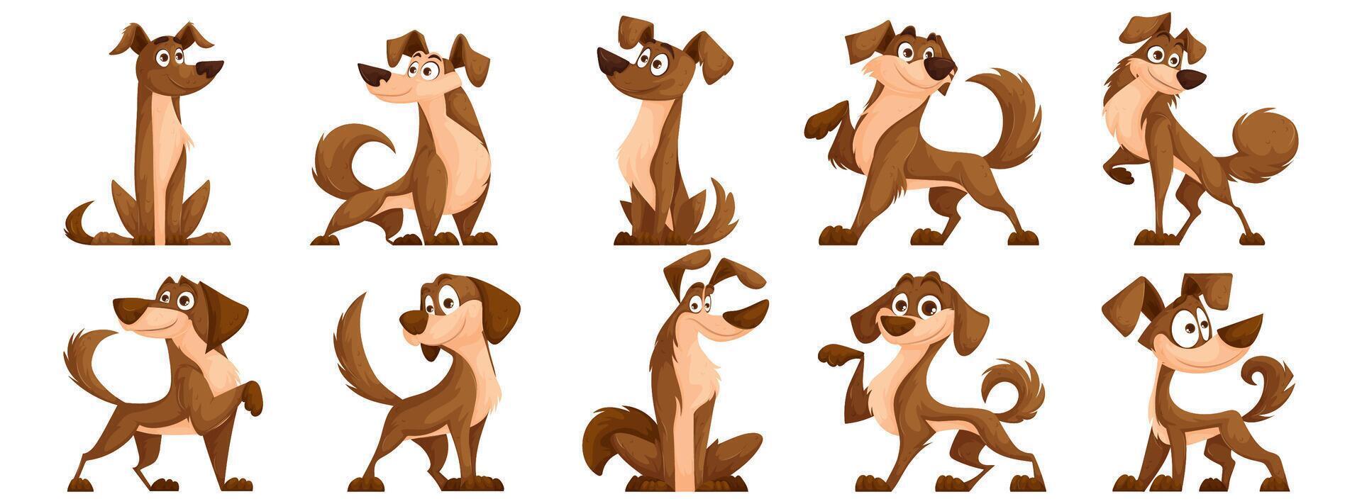 Cute dogs set. Cartoon characters of dogs or puppies create a collection of flat color in different poses. Set of funny pets isolated on a white background. vector