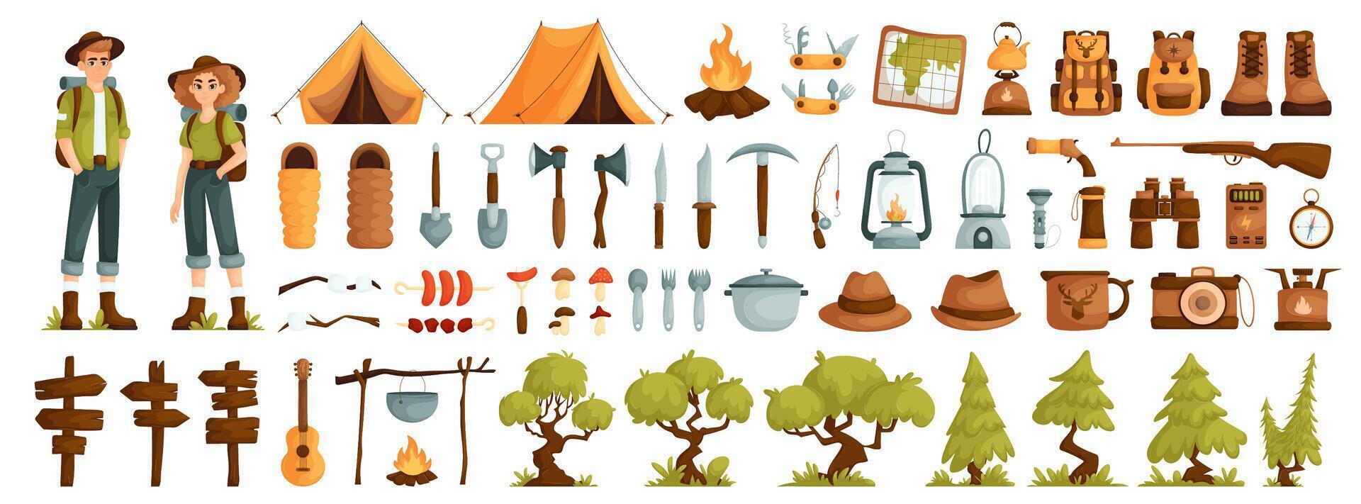 A guy and a girl are tourists. Tree, grass, fir tree and yellow tent. Travel backpack and sleeping bag. Grilled sausages, shish kebab and marshmallows. vector