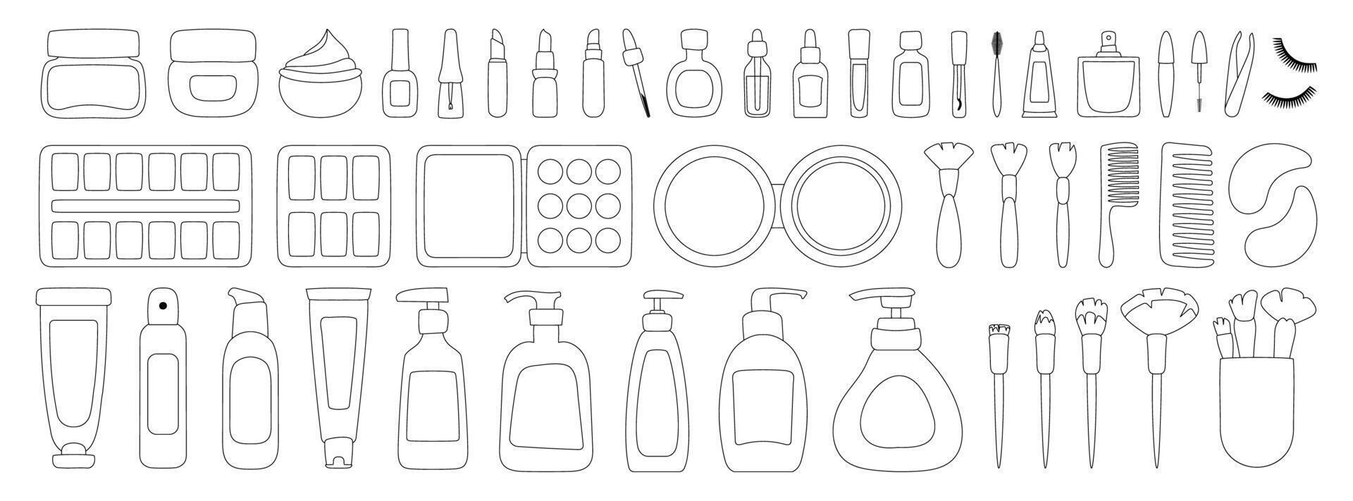 maquillaje equipo. falso pestañas, pinzas, máscara, perfume, tubo de crema, lápiz labial, botella de aceite, pipeta, tarro de crema, uña polaco, cepillos, de madera peine, parches negro lineal estilo. vector