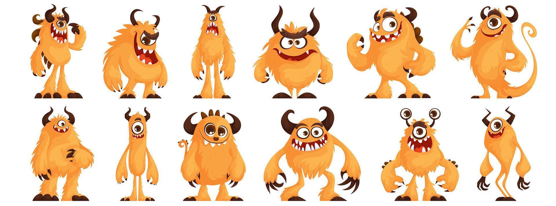 Set of orange furry monsters with cute, quirky, funny and evil emotions, funny and unique shape. A furry monster with horns poses. Bizarre orange creature. Cartoon . vector