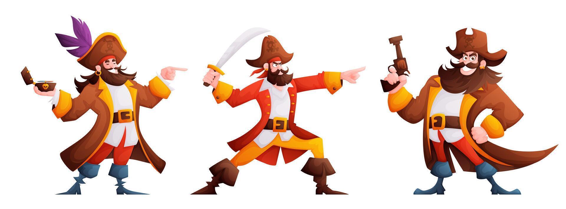 Pirates characters set. The pirate holds a compass and shows the direction, raises his blade to the top and points forward, holds a pistol in a brutal and treacherous pose. Cartoon vector. vector