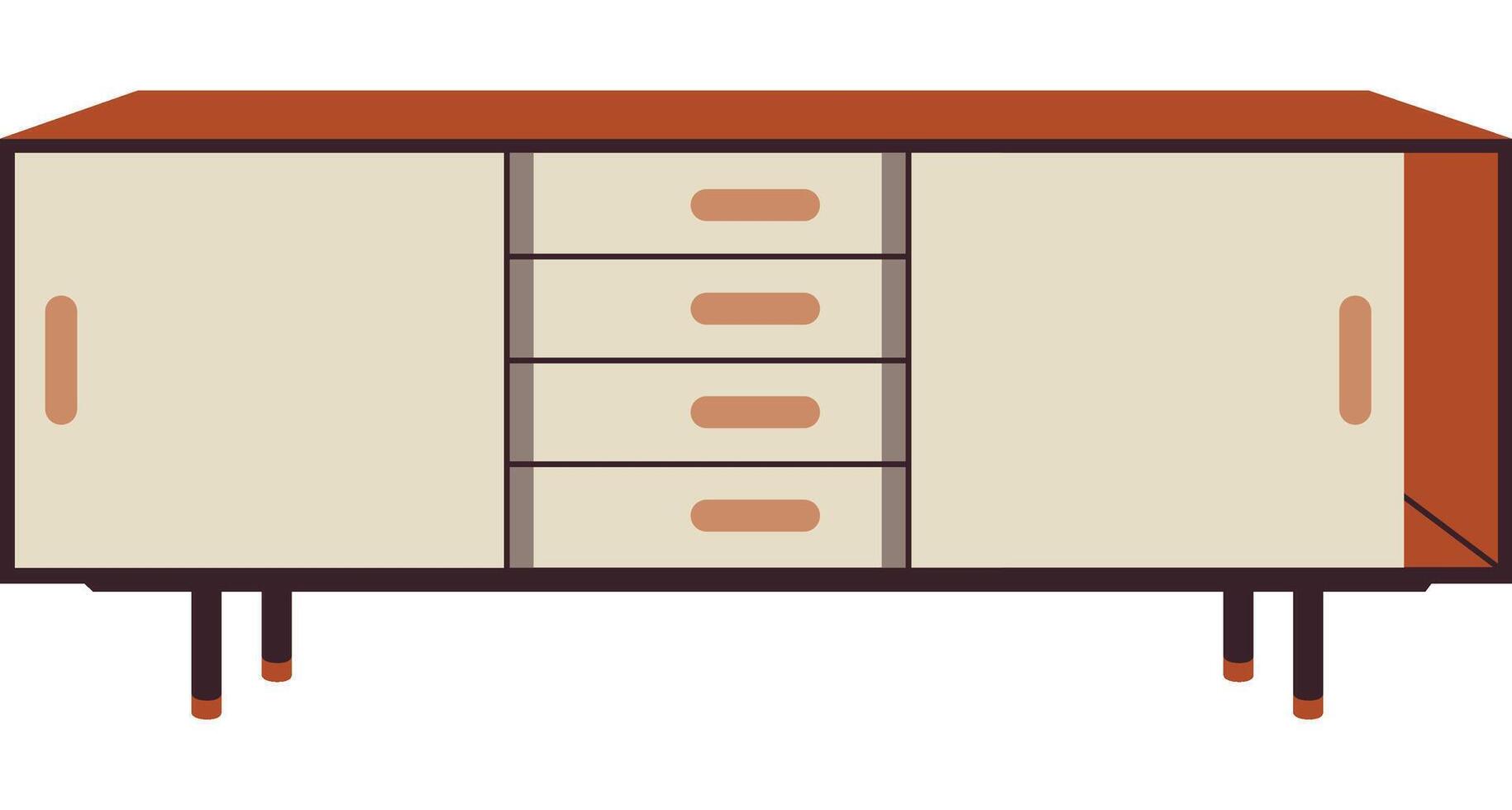Chest of drawers. Beige wooden modern commode or TV stand for home interior. Trendy storage furniture in scandinavian style for living room. Flat vector illustration isolated on a white background.
