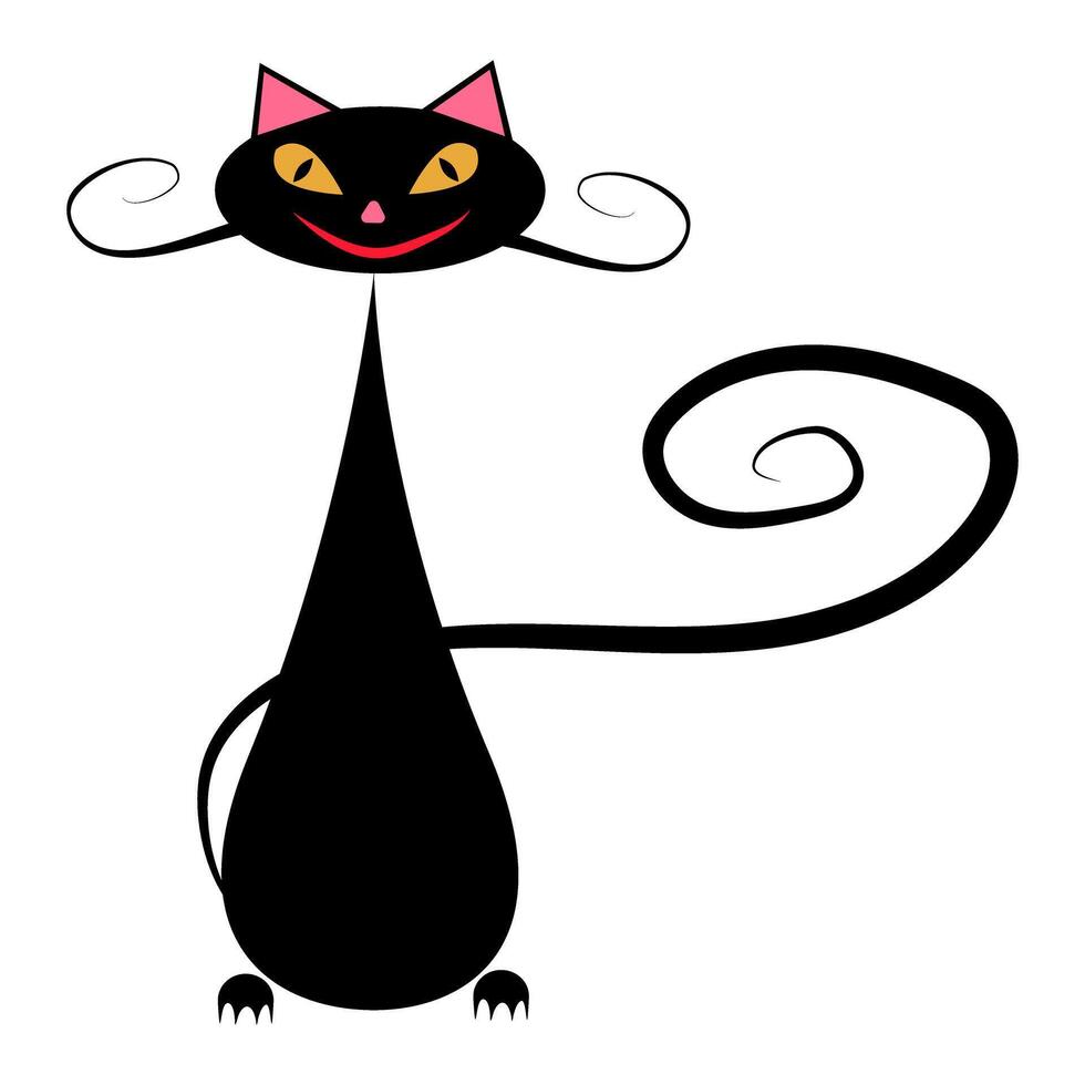 negro sonriente gato con juguetón ojos vector