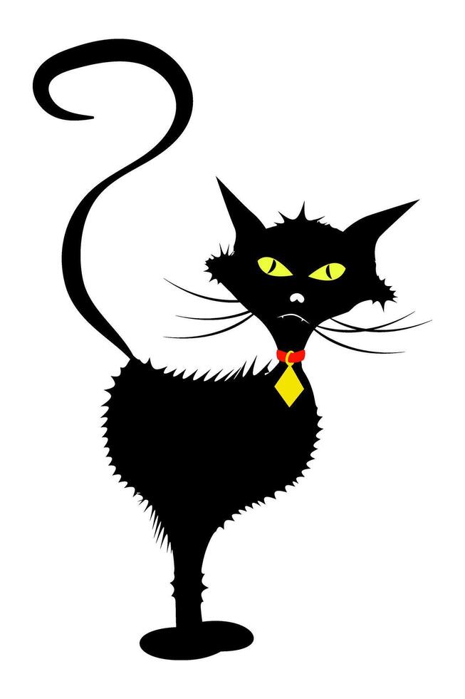 negro despeinado gato con collar y Bigote vector