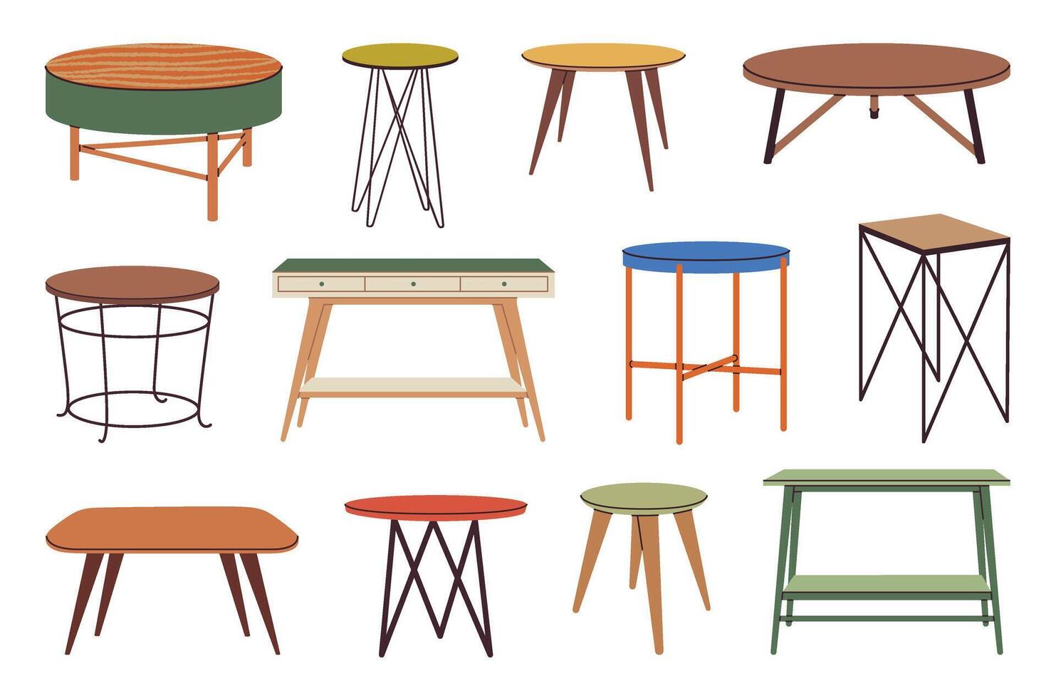Set of scandinavian tables. Coffee tables home decor furniture. Round and rectangular, wooden and metal living room modern tables. Cartoon flat vector illustration isolated on white.