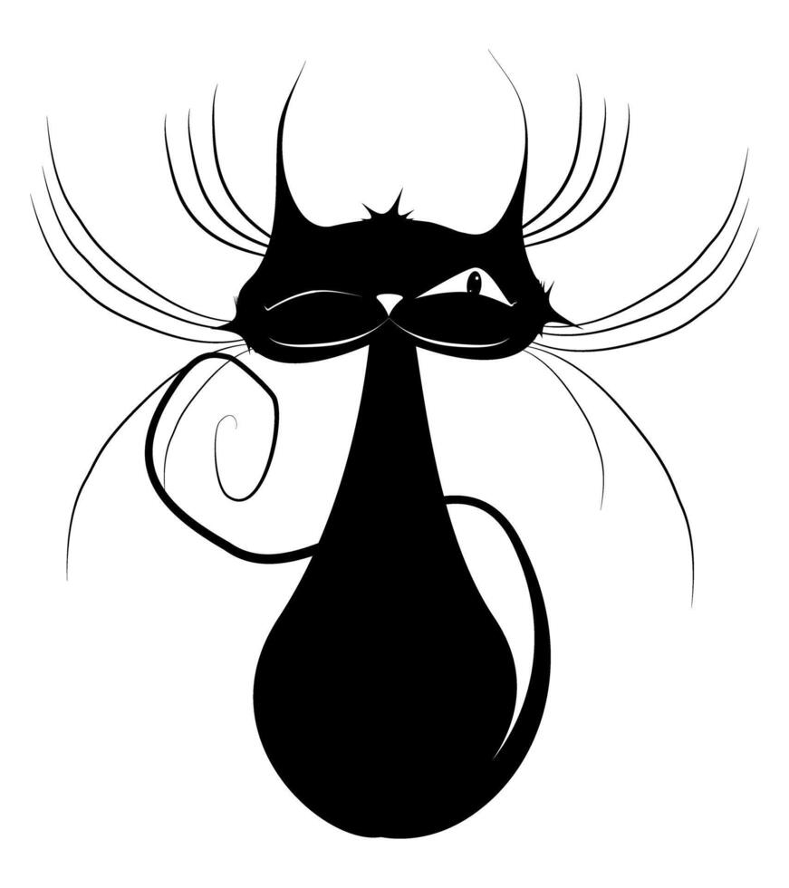 negro sonriente gato con un astuto estrabismo y un largo Bigote vector