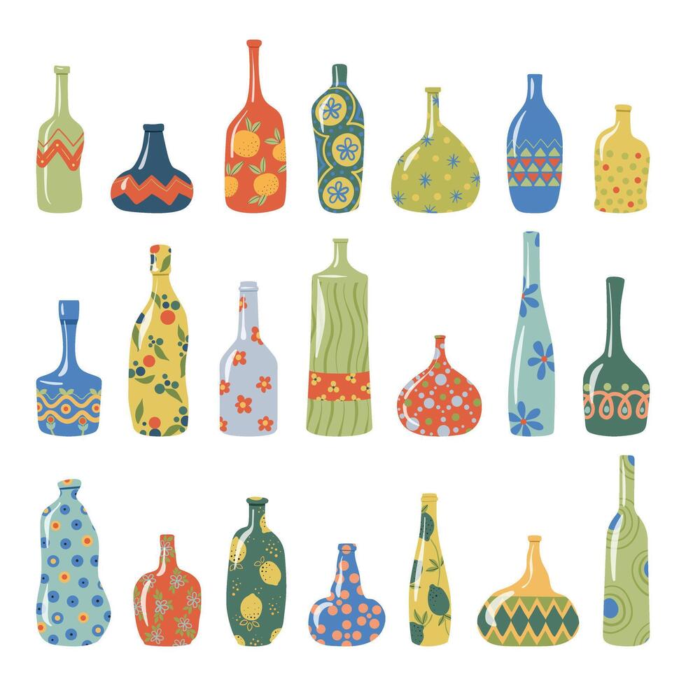 resumen ornamental botellas y floreros vector colocar. colección de moderno curvo vistoso botellas, decorado jarrones, y lanzadores vector íconos ilustración aislado en un blanco antecedentes.
