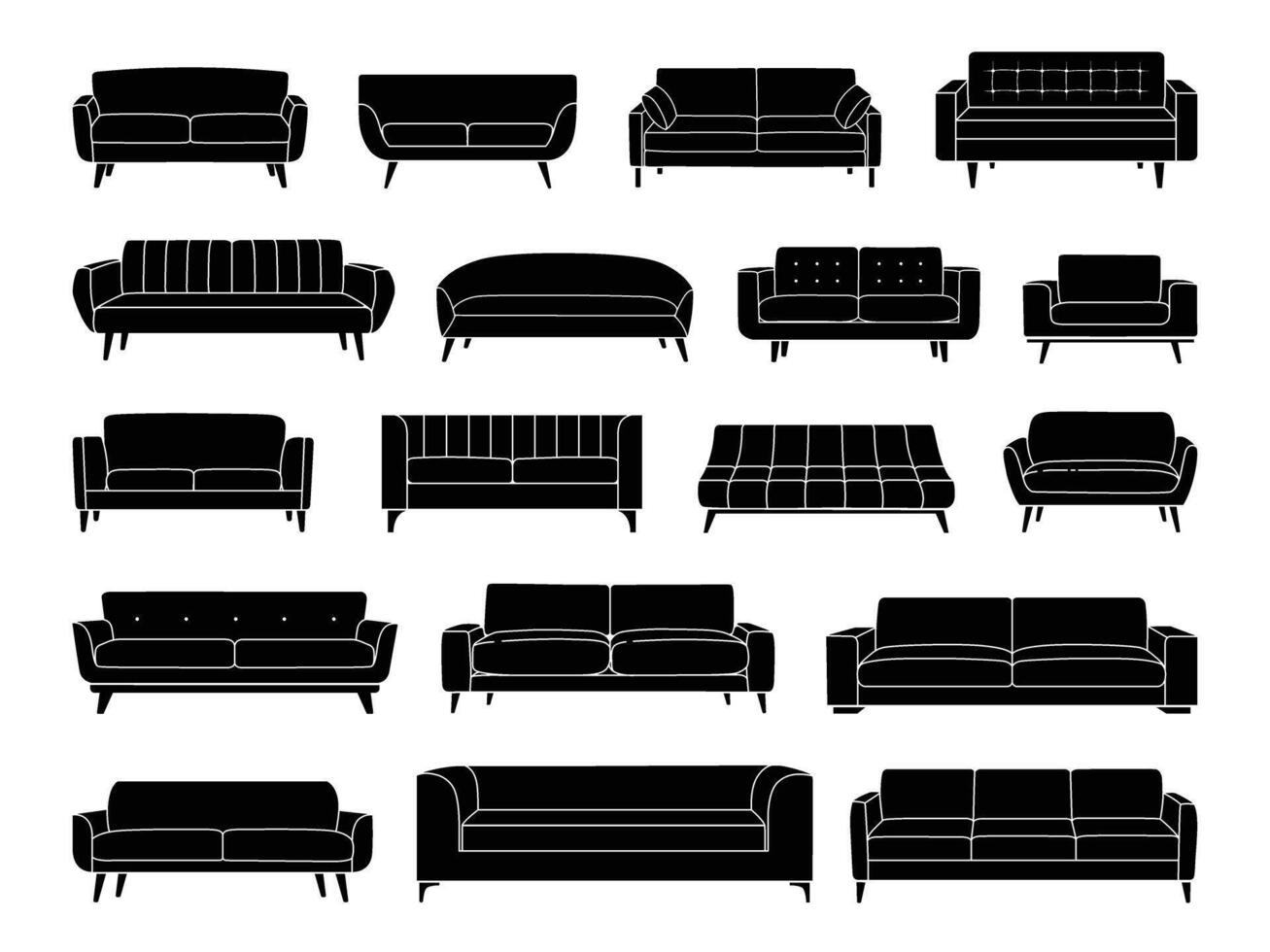 Sofas, couches, and armchairs silhouette icon set. Modern, comfortable soft furniture collection for cozy home decor design. Flat monochrome vector illustration isolated on white background.