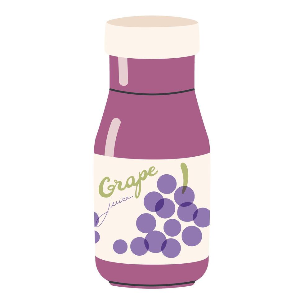 Grape juice bottle. Vector hand drawn cartoon fruit drink bottle illustration on a white background. Helpful organic fruity water. Glass bottle of summer refreshment.