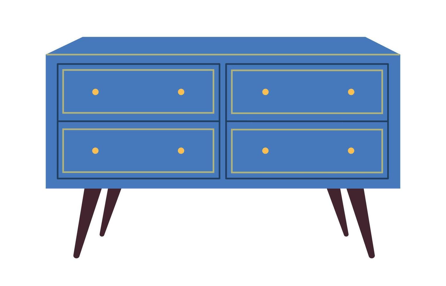 Chest of drawers. Blue wooden modern commode or dresser for home interior. Trendy storage furniture in scandinavian style for living room. Flat vector illustration isolated on a white background.