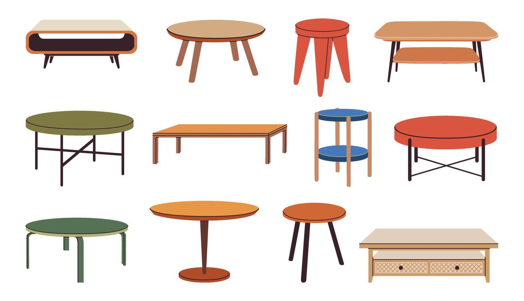 Set of scandinavian tables. Coffee tables home decor furniture. Round and rectangular, wooden and metal living room modern tables. Cartoon flat vector illustration isolated on white.