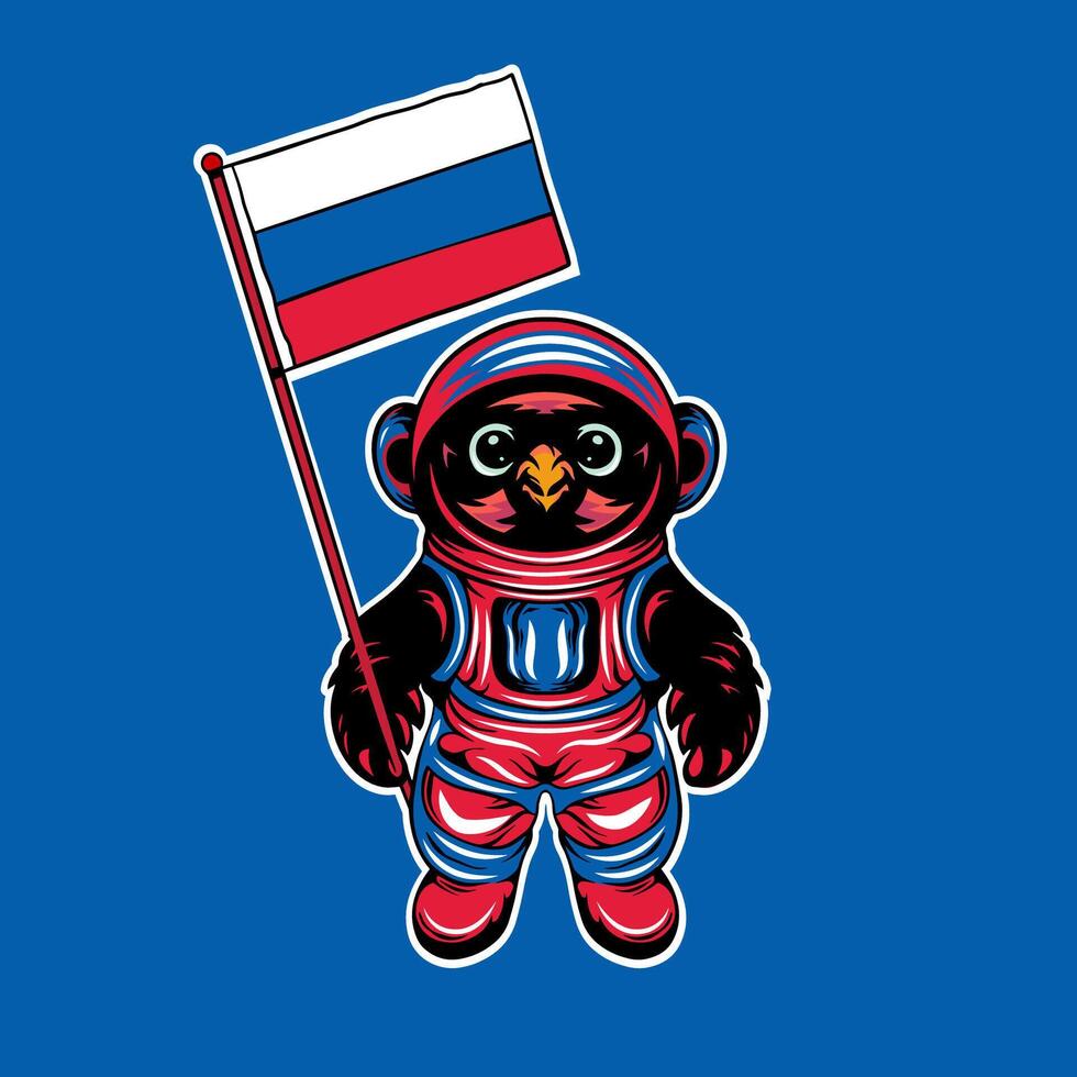 cartoon eagle in a space suit holding a Russia flag vector