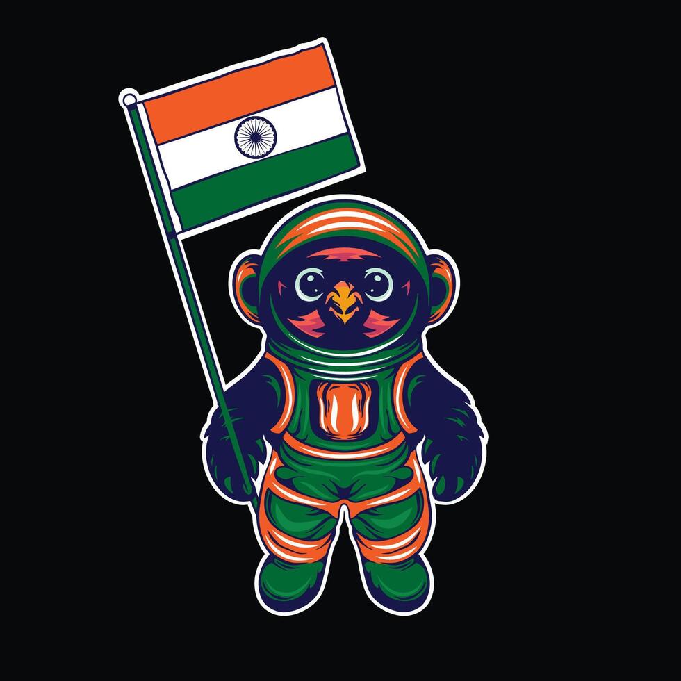 cartoon eagle in a space suit holding a India flag vector