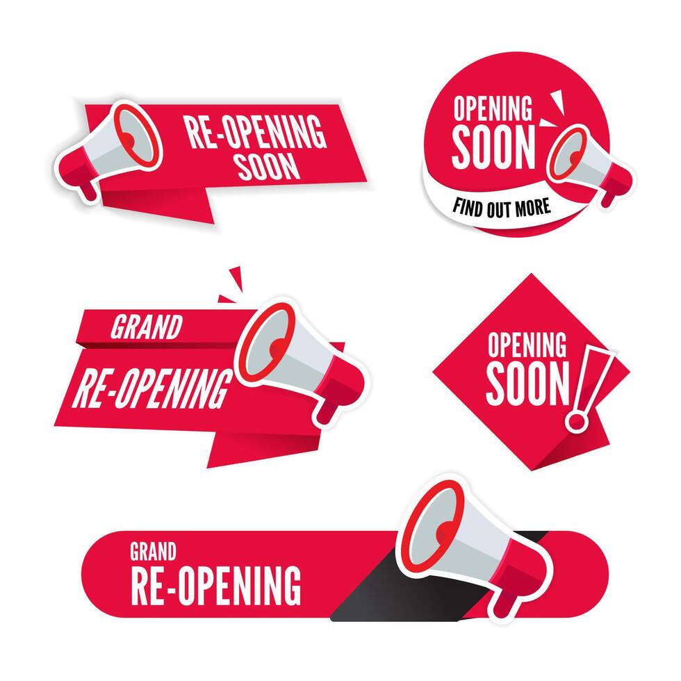 Re-opening soon badge set theme Shop or festival festival vector