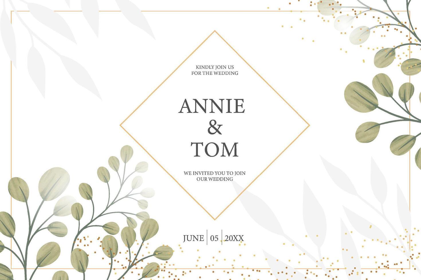 Wedding invitation template with Golden and Green Leaves vector