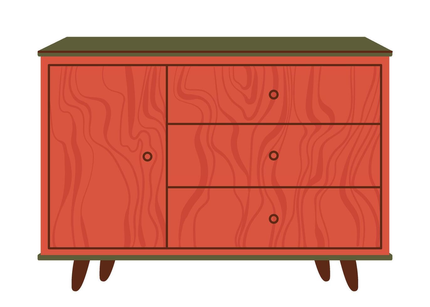 Chest of drawers. Red wooden modern commode or dresser for home interior. Trendy storage furniture in scandinavian style for living room. Flat vector illustration isolated on a white background.