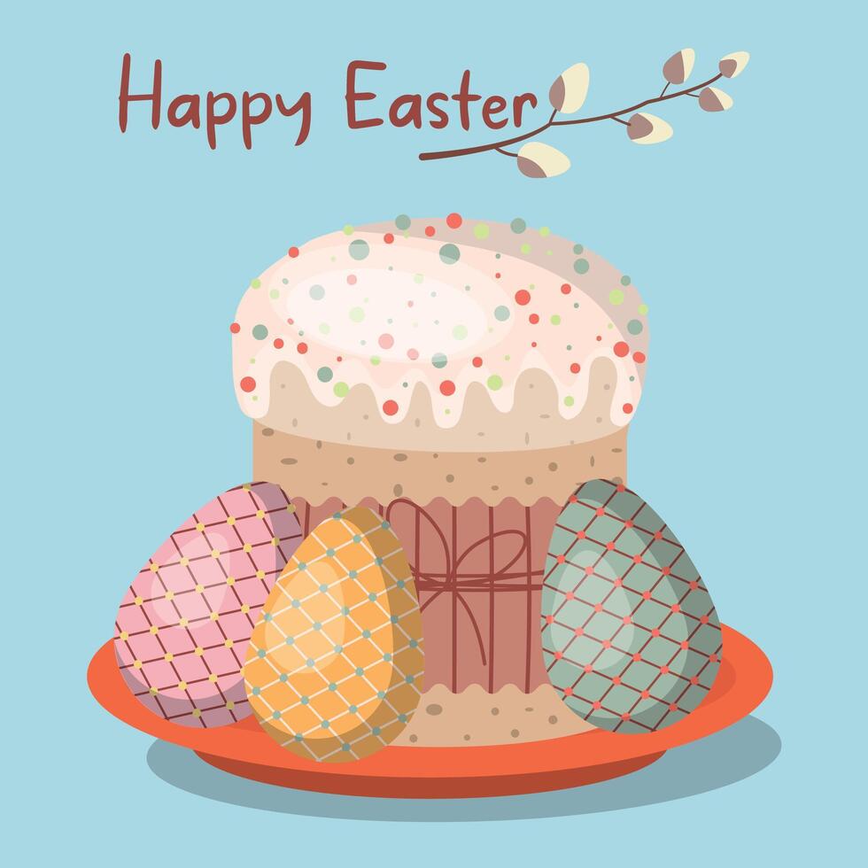 Vector Easter illustration with cupcake and painted eggs on red plate Happy Easter
