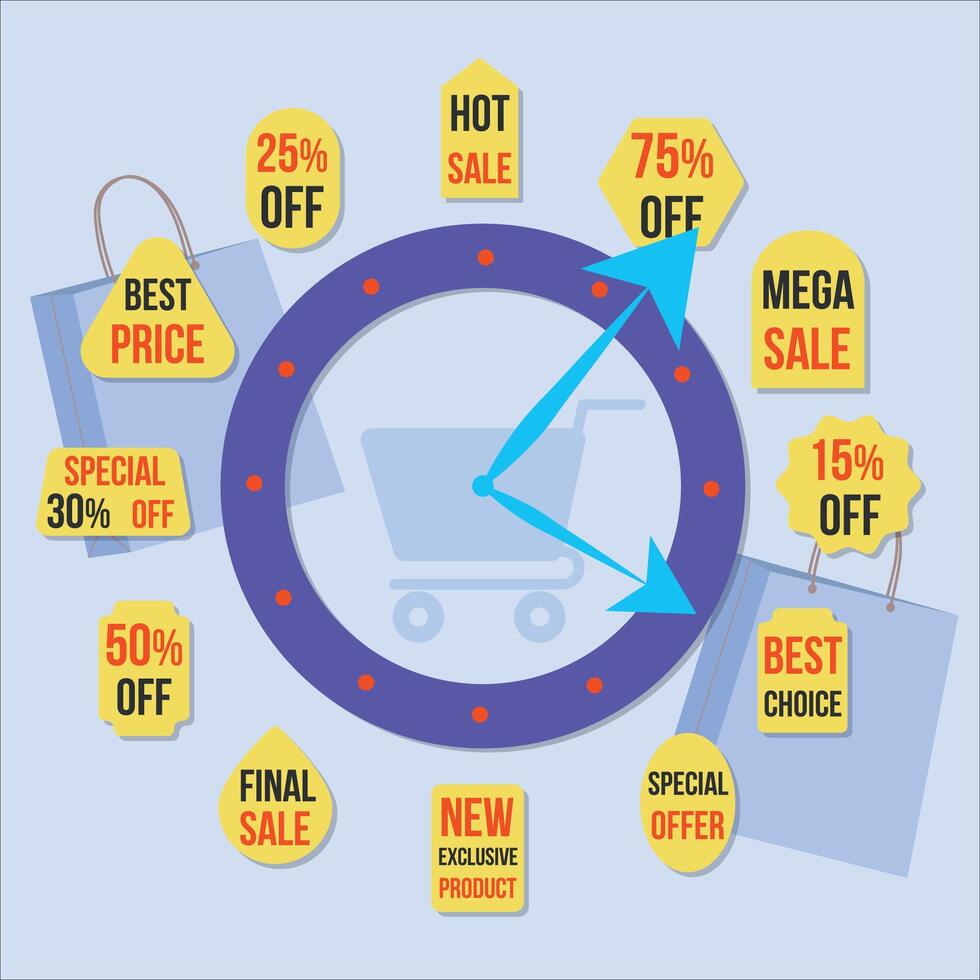 Vector Business Concept Clock shows on discounts and sale A set of discount labels