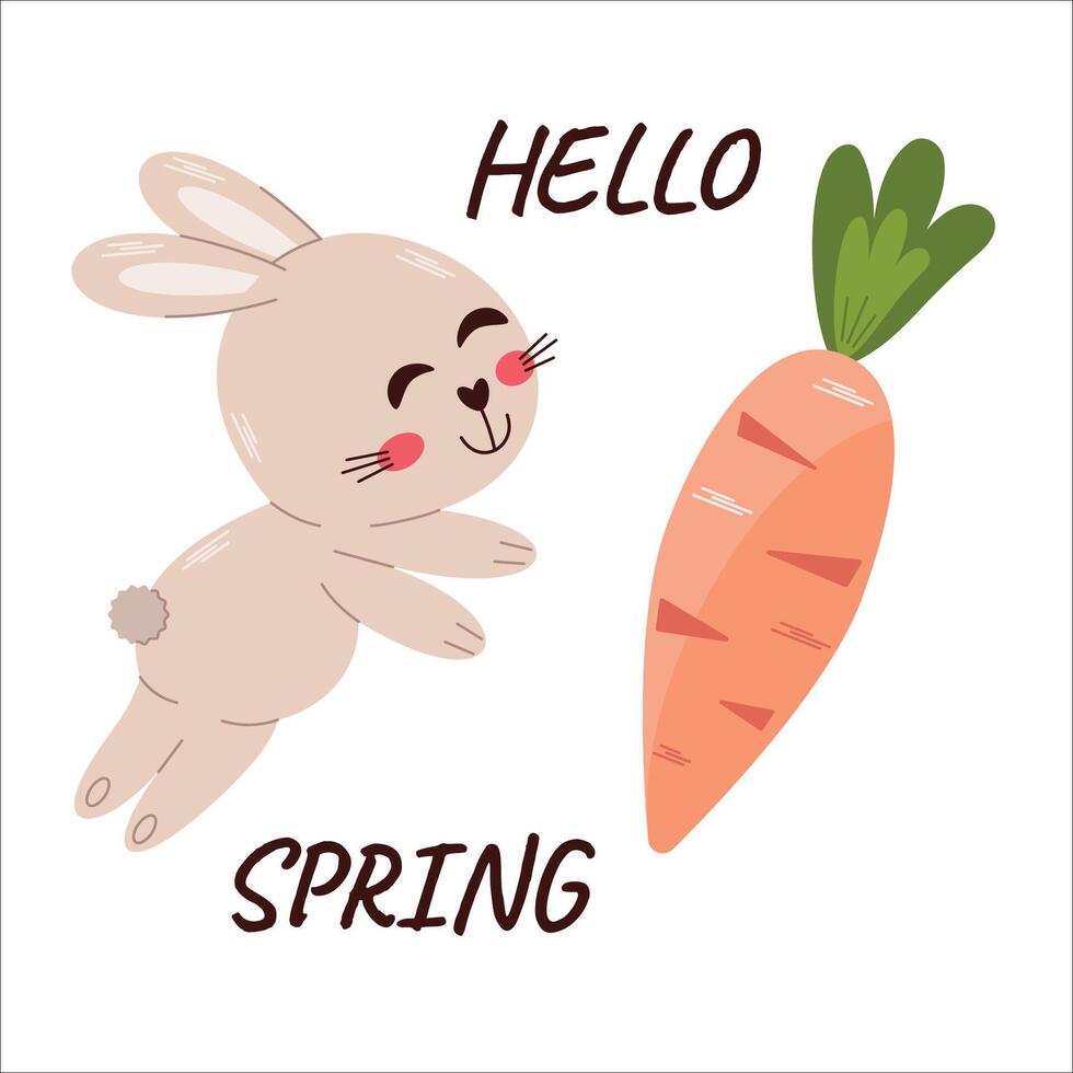 Vector Hello Spring Happy Jumping Bunny and carrot Easter illustration Flat style