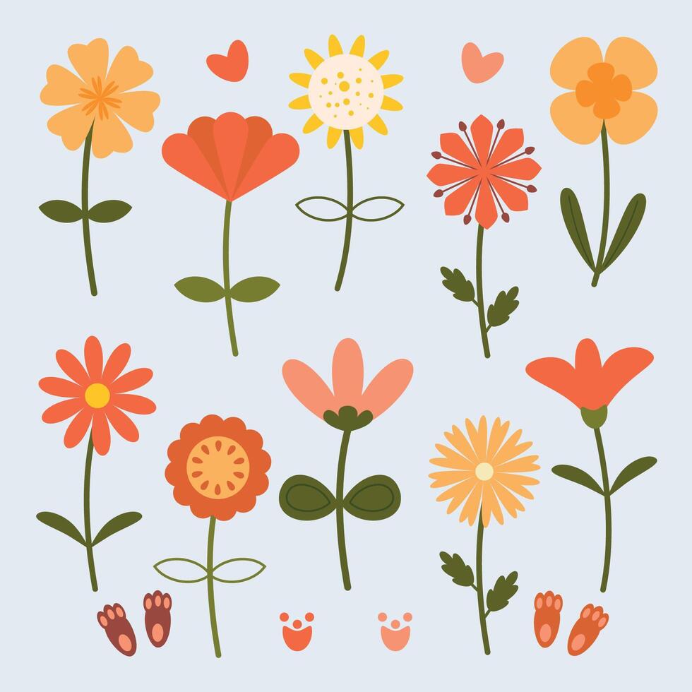 Vector Isolated set with cute spring flowers and animal prints in a flat cartoon style Perfect baby fabric