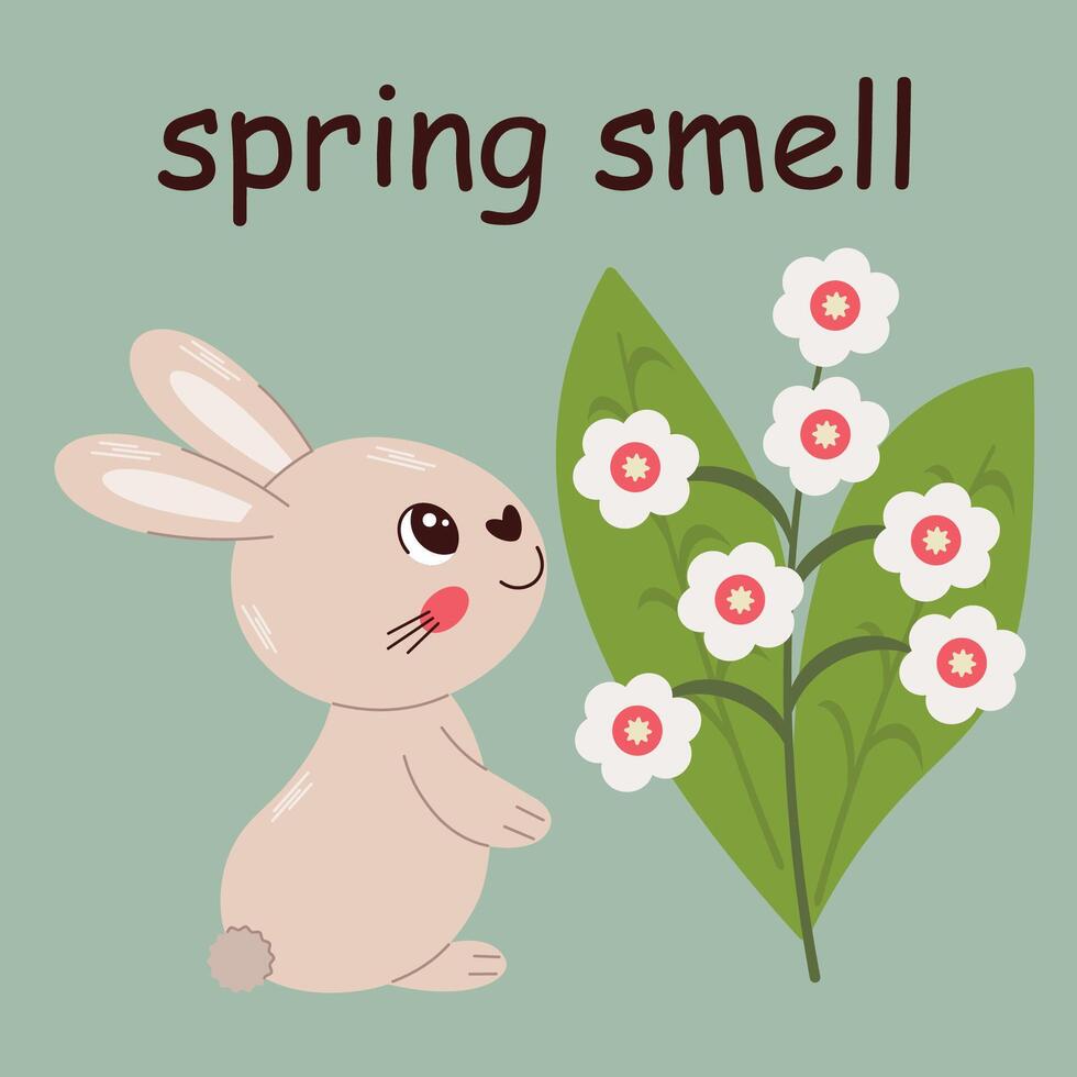 Vector Spring smell A bunny and a lily of the valley Positive phrases for card sticker
