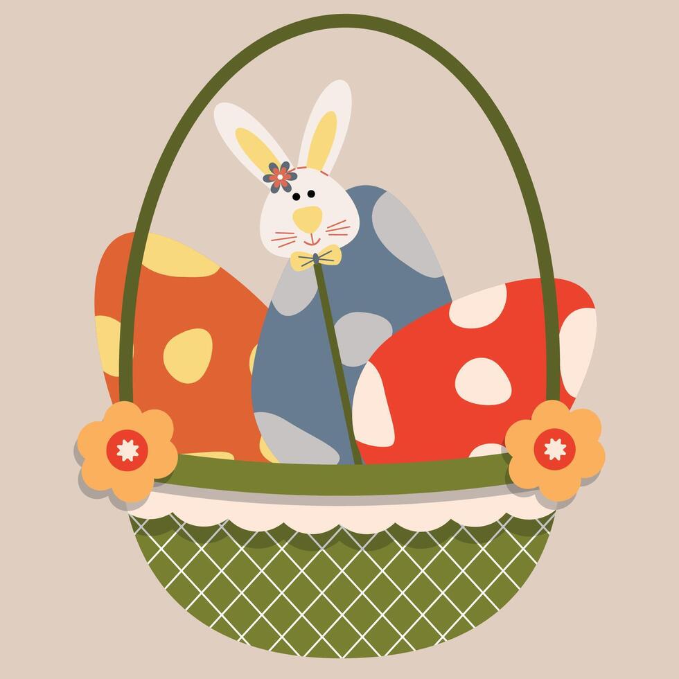 vector Pascua de Resurrección cesta con huevos y conejito en un palo