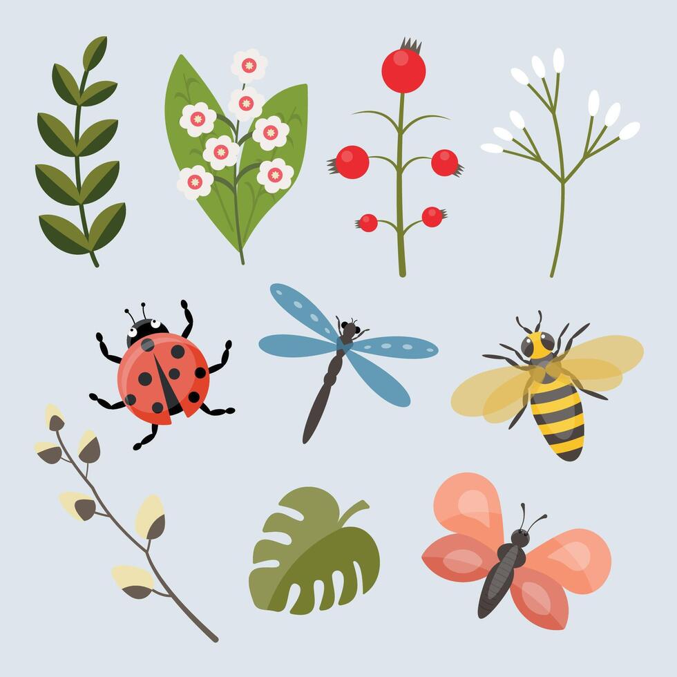 Vector Spring set of cute insects and plant branches Illustration for postcard stickers Flat style