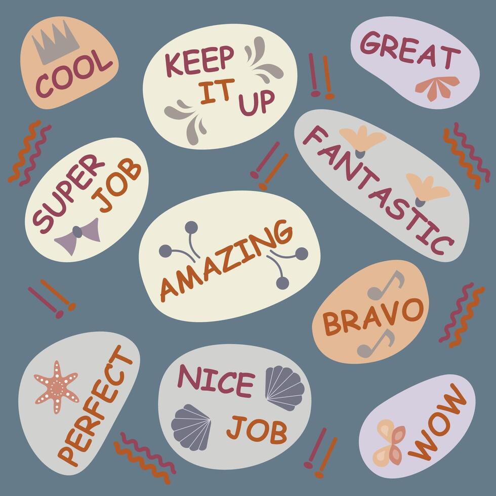 Vector Motivational Collection of stickers with the words great job and cool