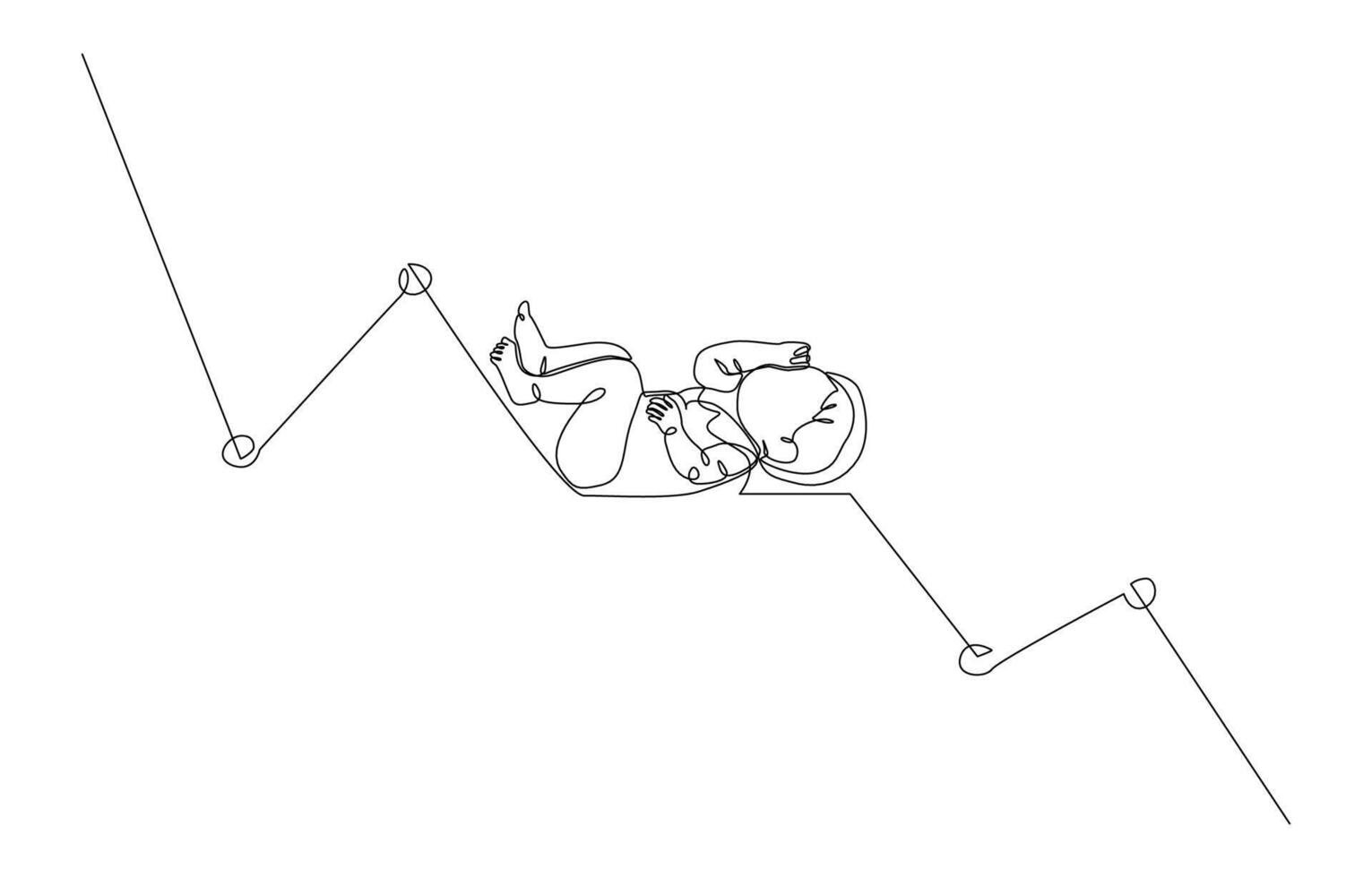 Continuous one line drawing of newborn baby on downtrend graph, low birth rate concept, single line art. vector