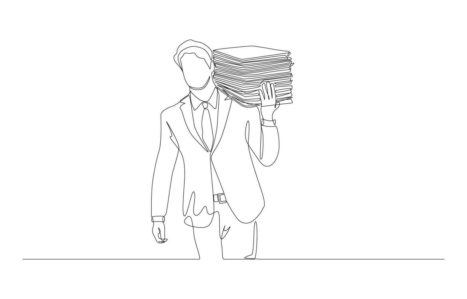 Continuous one line drawing of businessman carrying pile of documents on shoulder, overworking concept, single line art. vector