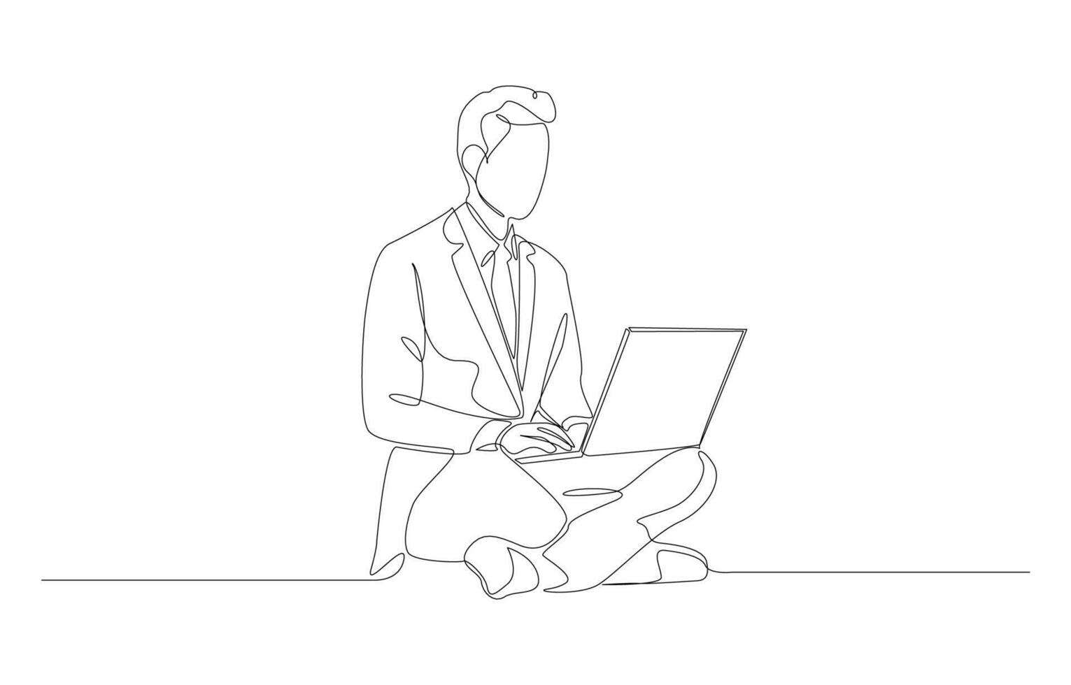 Continuous one line drawing of businessman sitting cross-legged on the floor working with laptop, business concept, single line art. vector