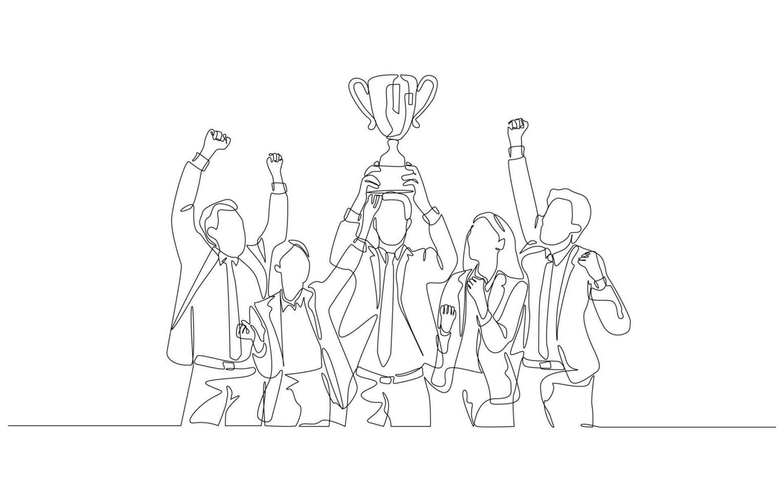 continuo uno línea dibujo de negocio personas celebrando con trofeo, equipo éxito concepto, soltero línea Arte. vector